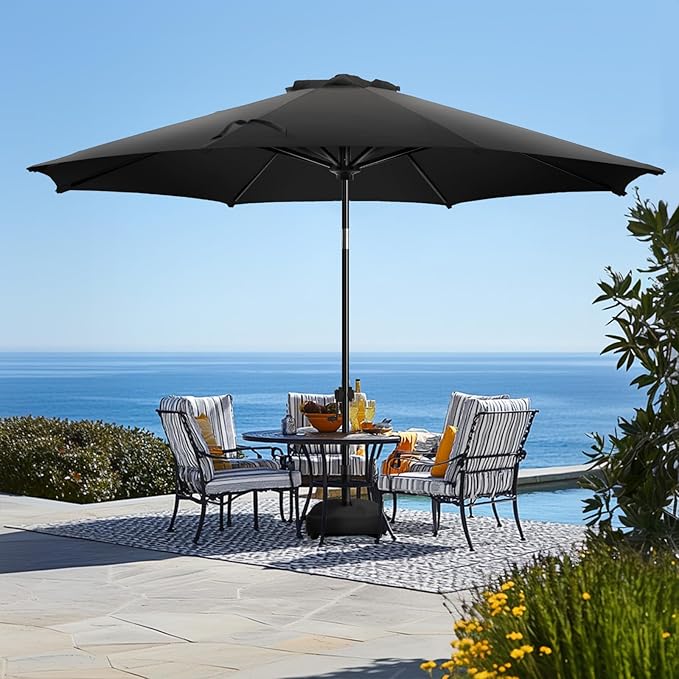 wikiwiki 11FT Patio Umbrella with Base, Outdoor Umbrellas with Base Included, 8 Sturdy Ribs, Waterproof Fade Resistant POLYESTER DTY Canopy for Deck, Lawn, Garden, Backyard & Pool, Black