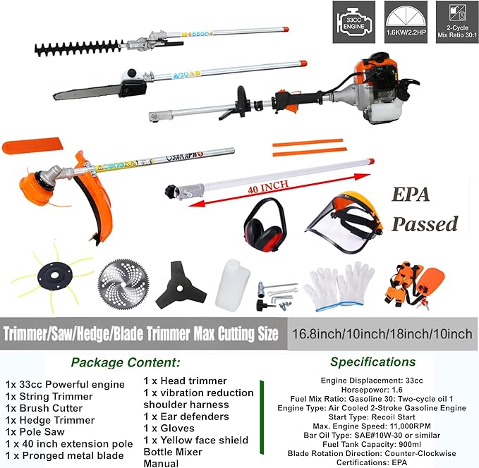 33cc 2-Cycle Gas Multi-Trimmer | 10-in-1 String Trimmer w/Rotatable 40” Pole Saw, Weed Eater Weed Wacker, Brush Cutter & Hedge Trimmer Gas for Lawn, Yard, Garden Care, All-in-one Garden Tool