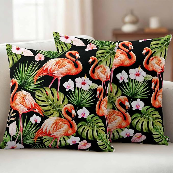 Pink Flamingos Outdoor Pillow Covers 20"x20" Set of 2, Green Tropical Leaf Hibiscus Flower Botanical Waterproof Throw Pillow Covers for Patio Furniture, Decorative Cushion Covers for Porch