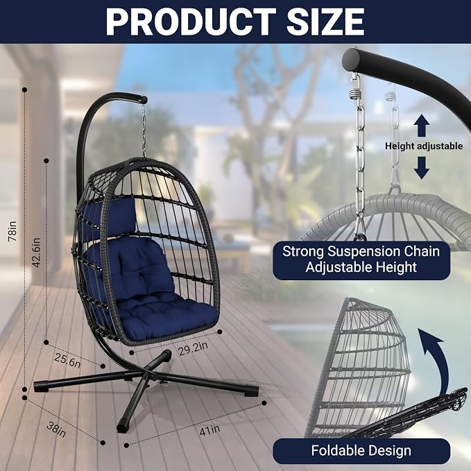 CHABATREE Egg Chair with Stand,Patio Rattan Wicker Hanging Swing Egg Chair Hammock Chair for Porch Garden,Thickened Aluminum Alloy Steel Frame and UV Resistant Cushion,350LBS Capacity(Dark Blue)