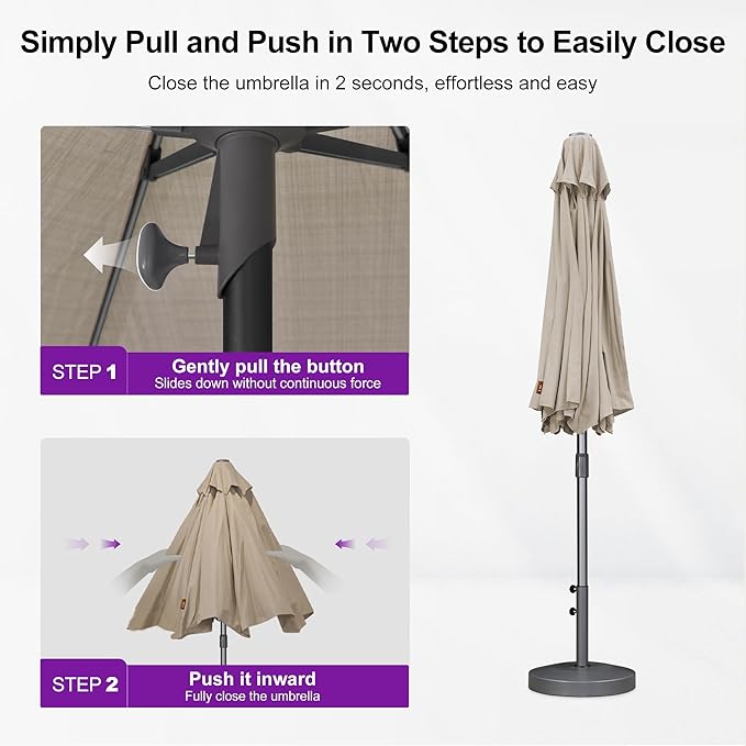 PURPLE LEAF 10 FT Semi-Auto Outdoor Patio Umbrella Market Table Sun Umbrellas with 8 Aluminum Sturdy Ribs for Backyard Deck Garden Pool (Gray Pole Beige Canopy)