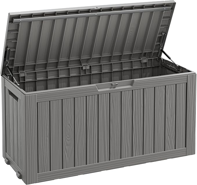 Fancyango 90 Gallon Outdoor Deck Box Waterproof, Large Storage Box for Patio, Resin Storage Bench Lockable for Garden Tools, Package Delivery, Grey