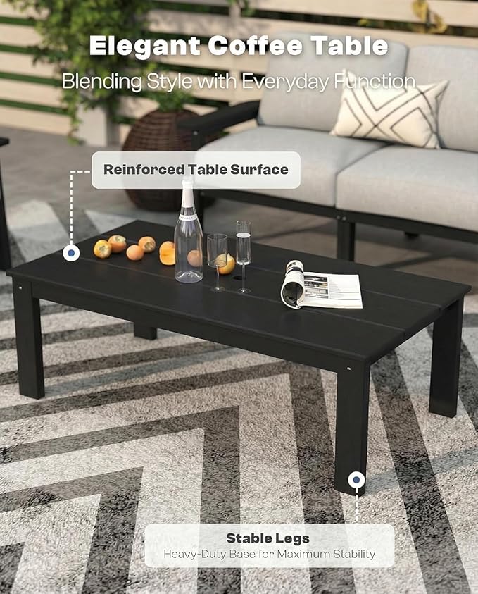 Patio Furniture Set with Washable Thick Grey Cushions, Coffee Table & Side Table, HDPE Outdoor Couch, All-Weather Outdoor Sectional Furniture, Patio Conversation Sets (Black Frame)