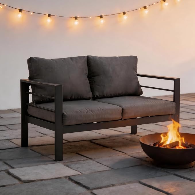 4-Piece All-Weather Metal Patio Furniture Set, Sectional Conversation Sofa w/Coffee Table, Heavy Duty Steel Frame & Washable Cushions for Backyard Garden (Grey, Loveseat)