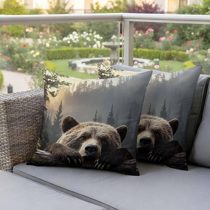 Bear Outdoor Pillow Covers 18"x18" Set of 2, Animal Wood Fence Forest Farmhouse Waterproof Throw Pillow Covers for Patio Furniture, Decorative Cushion Covers for Porch