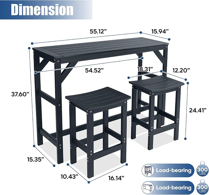 HIPS Outdoor Patio Bar Set, All Weather HIPS Bar Table and Chairs Set for Outside, 55" Rectangular High Top Bar Table with 2 Bar Stools for Poolside, Patio, Balcony, Deck (Black, 3 Pcs Set)