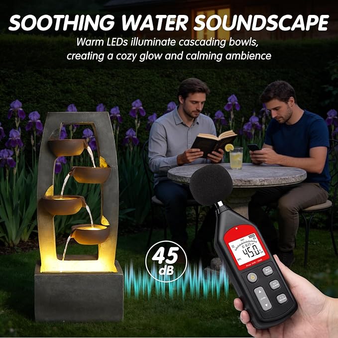 37.6" Modern 4-Bowl Outdoor Water Fountain with LED Lights and Pump, Floor Standing Waterfall Feature Outdoor Garden Fountain for Garden, Patio, Porch, Yard and Backyard Decor, Grey