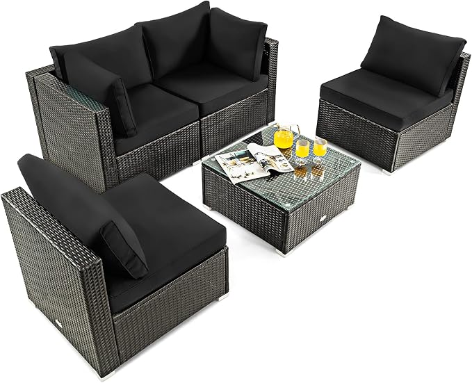 HAPPYGRILL 5 PCS Patio Furniture Set Outdoor Rattan Wicker Sofa Set with Coffee Table Sectional Sofa Conversation Set with Pillows Cushions for Backyard Porch Garden Poolside