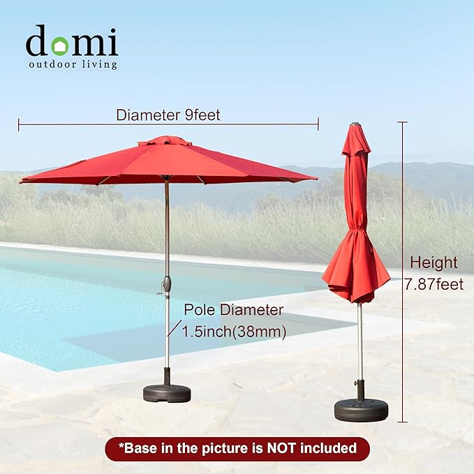 Domi 9FT Patio Umbrella Outdoor Market Umbrella with Silver Aluminum Pole, UV Resistant Canopy, Wind Vent, Tilt & Crank System, Perfect for Patio, Garden, Deck, Pool, Outdoor Dining, Red
