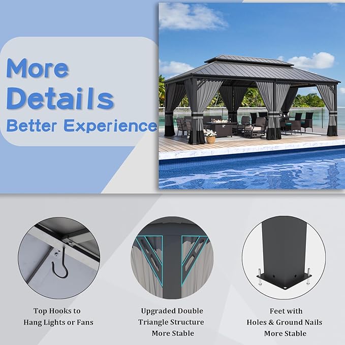 ALAULM 12'x20' Hardtop Gazebo, Outdoor Double Roof Canopy with Netting and Curtains, Galvanized Metal Frame, Sunshade for Patio, Backyard, Deck and Lawns-Gray
