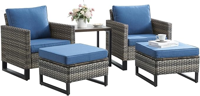 Wicker Outdoor Patio Furniture Set - 5 Piece Patio Conversation Set with 2 Wicker Armrest Chairs,2 Rattan Ottoman and 1 Metal Side Table for Outside Porch Deck Backyard Garden(Mixed Grey/Blue)