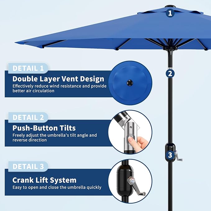 10Ft Patio Umbrella - 8 Sturdy Ribs Outdoor Table Umbrella with Crank Lift & Push Button Tilt - Market Umbrella for Pool, Deck, Yard, Garden - Turquoise