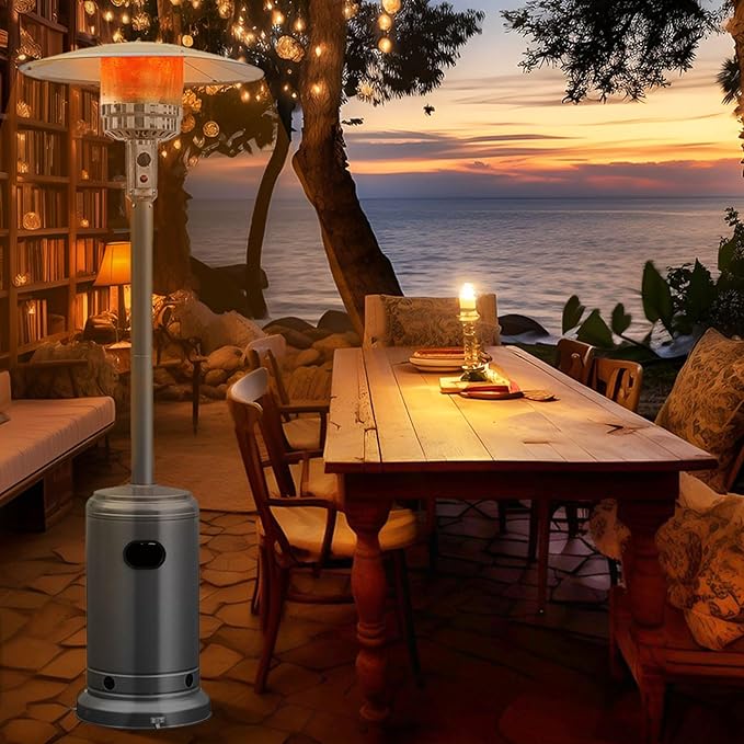 HAPPYGRILL Patio Heater, 48,000 BTU Outdoor Propane Heater with Wheels, Reflective Cover, Triple-Over Protection, Portable Stainless Steel Patio Heater for Outdoor Use Garden, Grey