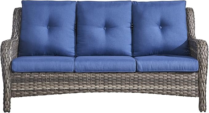Rilyson Outdoor Couch Wicker Patio Sofa - 3 Seat Rattan Sofa with Deep Seating and Comfortable Cushions for Outside Porch Deck Balcony Garden(Mixed Grey/Blue)