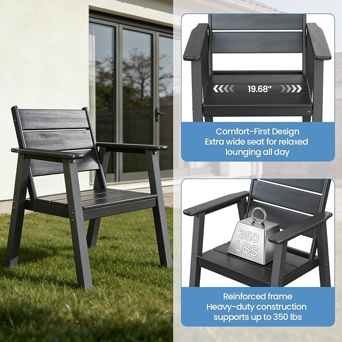 HDPE Outdoor Dining Table and Chairs, 7-Piece Patio Table and Chairs Set, Outdoor Dining Set for 6, All-Weather Dining Furniture Set with Umbrella Hole, Black