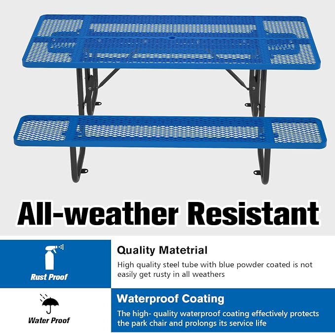 Picnic Tables for Outdoors with Umbrella Hole-Coated Steel Heavy Duty Commercial Grade Table with Seats,Commercial Metal Picnic Tables,Heavy Rectangular Furniture Set for a Lifetime (Blue)