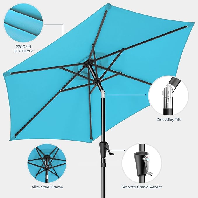 HOMSHADE 7.5ft Outdoor Patio Umbrella - Market Table Pool Deck Umbrella UPF50+ UV Protection with Push Button Tilt, Crank and 6 Sturdy Ribs (Light Blue, No base)