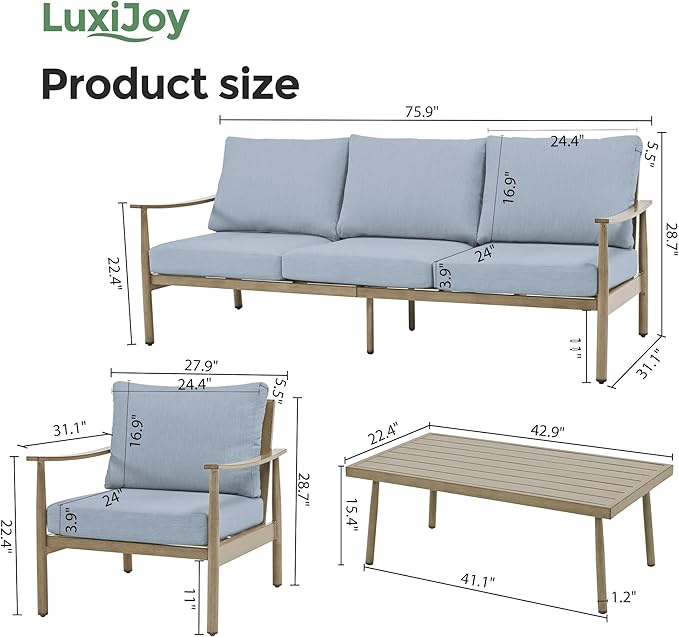4 Pieces Patio Furniture Set, Aluminum Outdoor Patio Furniture Sets, 2 Armchairs and 3 Seater Couch with Thick Cushion, Patio Conversation Set for Backyard Deck Poolside, Blue & Brown