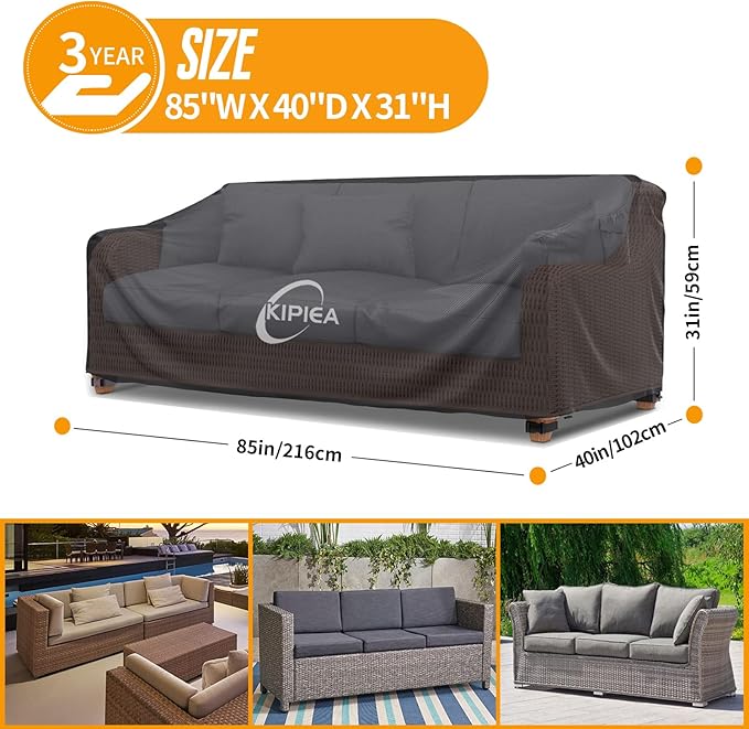 Kipiea Patio Sofa Cover, Heavy Duty Outdoor Couch Covers Waterproof Winter, 3-Seat Patio Furniture Cover Loveseat, Outdoor Sofa Covers with Anti UV and No Tears, No Fading (85"W x 40"D x 31"H)
