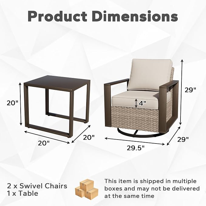 Joyside Outdoor Patio Swivel Rocker Chairs, 3 Pieces Wicker Furniture Set, 2 Swivel Rocking Chairs and 1 Table, Metal Wide Armrest, Thick Cushions and Deep Seating for Garden, Backyard, Porch, Deck