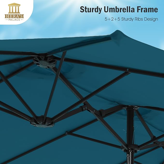HERA'S PALACE Umbrella Patio Outdoor with Base 15ft Rectangle Table Double Market Umbrellas Clearance Large Included Stand for Deck Outside Pool Picnic Inground Yard Commercial (Cerulean)