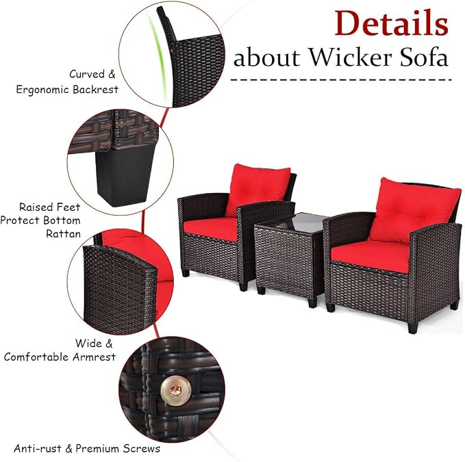 DORTALA Wicker Patio Furniture Set 3 Piece, Outdoor Table and Chairs with Tempered Glass Tabletop, Cushions, Small Rattan Conversation Sofa Set for Balcony, Porch, Backyard, Deck, Red