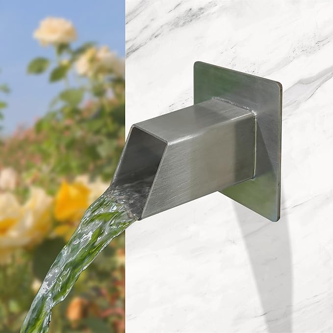 316 Stainless Steel 1.2-Inch Wall-Mounted Water Spout - Durable Outdoor Garden Square Waterfall Spillway with Integrated Spray Baffle, Modern Design for Patio, and Landscaping (Silver)