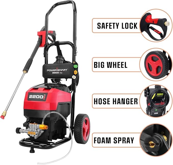 PowerSmart Electric Pressure Washer, 1.8GPM 4000PSI Max Power Washer with 35FT Power Cord & 27FT Hose, Soap Tank,Spray Gun