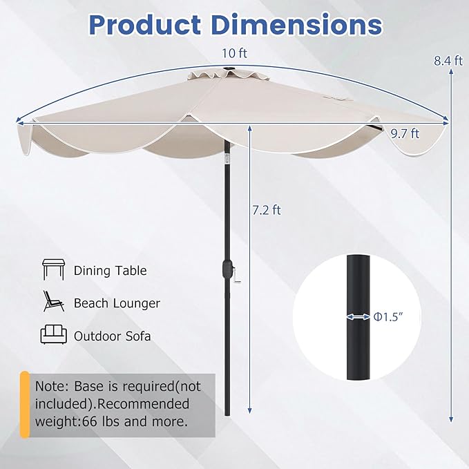 Tangkula 10 FT Solar Patio Umbrella, 2-Tiers Outdoor Scalloped Table Umbrella with 24 LED Lights, Tilt Adjustment, Crank, 8 Ribs for Market Backyard Pool Deck Beach Lawn (Beige)