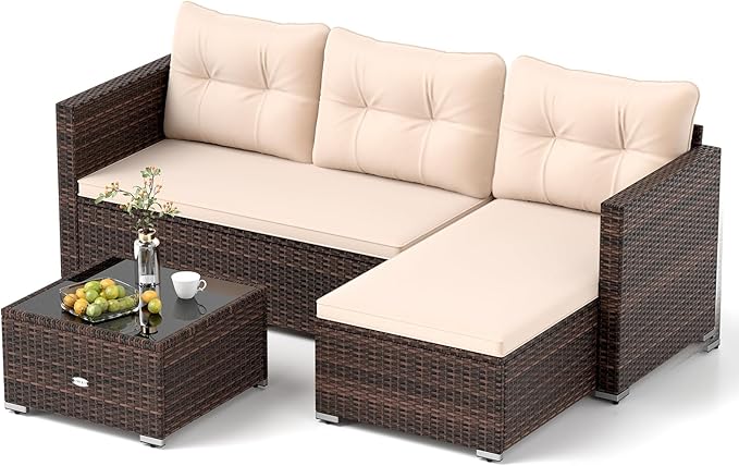 Tangkula L Shaped Outdoor Patio Furniture Set, 4 Seats Wicker Patio Conversation Set with Cushions and Tempered Glass Coffee Table, for Yard, Porch, Garden and Poolside