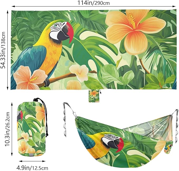 Tropical Plants Parrots Animals 330lb Capacity Outdoor Hammocks with Portabl Carry Bag Fabric Hammock for Outside Camping Essentials Base para poner hamaca