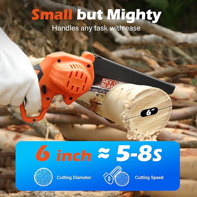 6 Inch Mini Chainsaw Cordless, Portable Electric Chainsaw, for Wood Cutting, Tree Trimming, Courtyard, Household, and Garden Orange