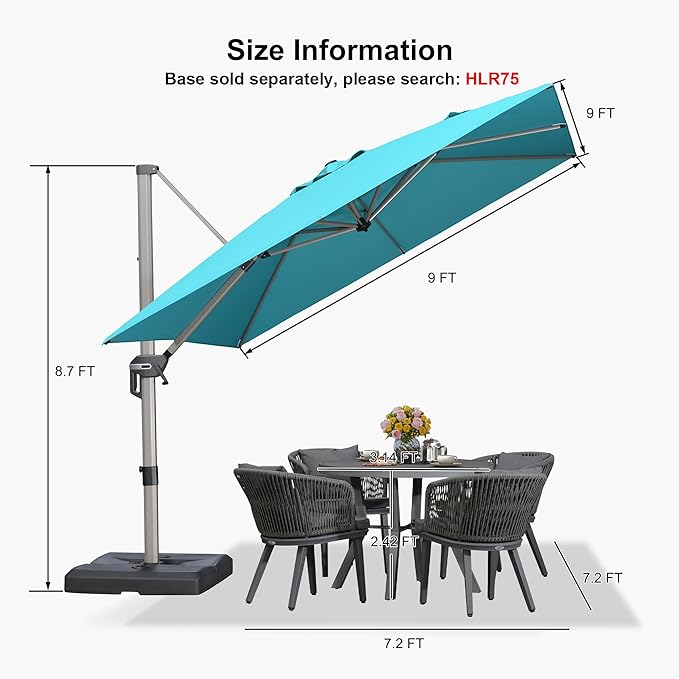 PURPLE LEAF 9’ X 9‘ Patio Umbrella Outdoor Cantilever Umbrella, Aluminum Offset Umbrella with Champagne Frame and 360° Rotation for Pool Deck Garden, Turquoise Blue