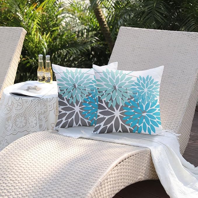 DFXSZ Pack of 2 Outdoor Waterproof Throw Pillow Covers 20x20 LightBlue Grey | Polyester Colorful Spring Summer Floral Decorative Cushion Cases(NO INSERT),For Couch Patio Funiture Garden Home Decor