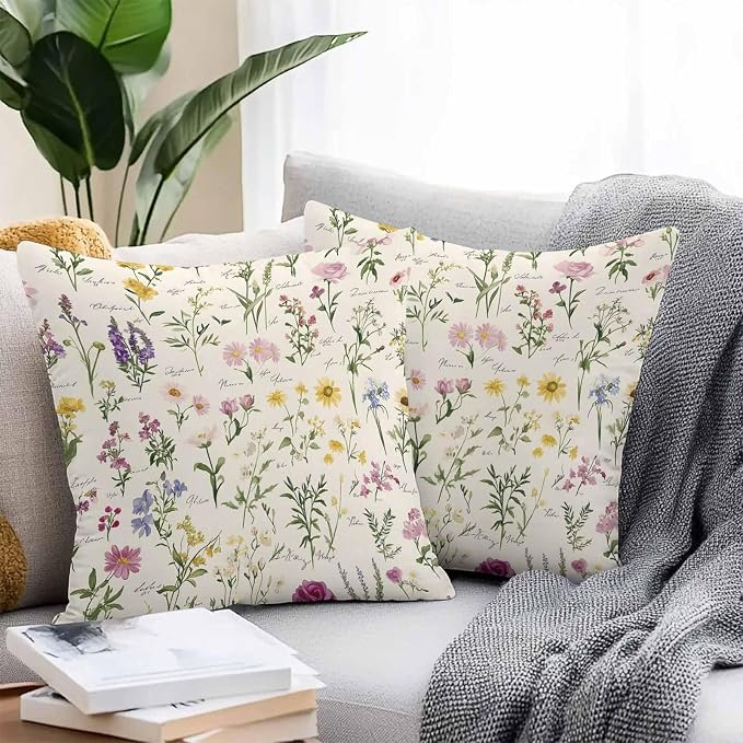 Throw Pillow Covers 16x16 Inch Set of 2, Botanical Garden Florals Waterproof Outdoor Pillow Covers, Spring Watercolor Wildflowers Decorative Cushion Pillowcases for Couch, Sofa, Bed, Garden, Patio