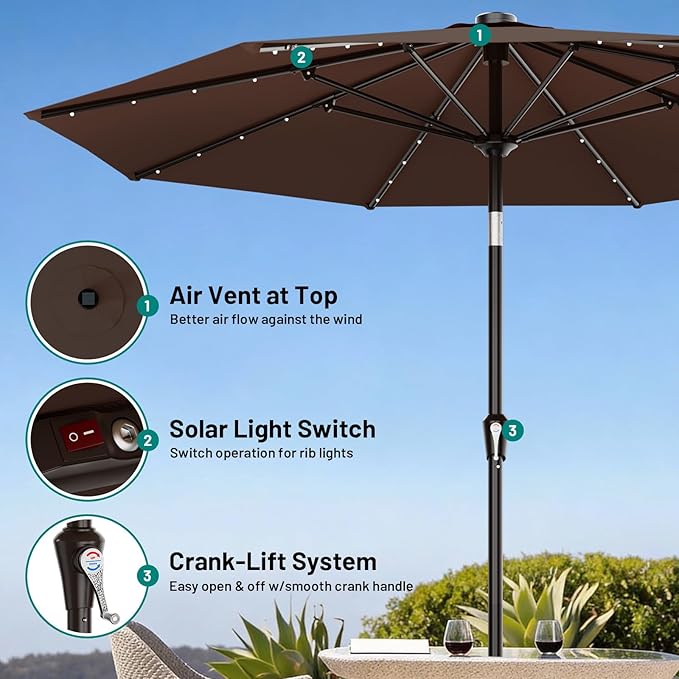 AreShark 9FT Patio Umbrella with Solar Lights, 32 Lighted Pool Umbrella w/Tilt and Crank, Outdoor Table Solar Umbrellas for Garden, Deck, Backyard, Pool and Beach, Light Brown