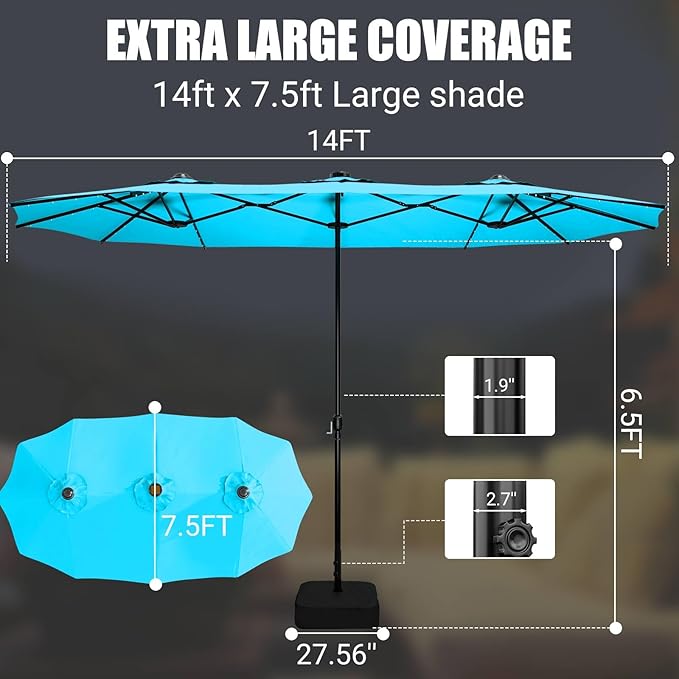 CHABATREE 15FT Double-Sided Patio Umbrella with Base Included, Large Outdoor Rectangular Market Umbrella for Backyard, Poolside, Lawn & Garden, Lake Blue