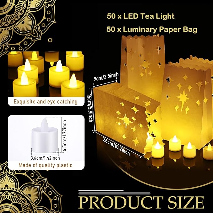 Sabary 50 Sets Luminary Bags with Flameless Tea Lights Outdoor Luminaries LED Lantern Candle Bags for Wedding Birthday Ramadan Christmas Party Decorations Romantic Decor(Firework)