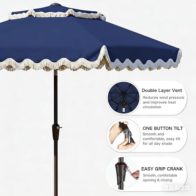 9FT Patio Umbrella with Fringe,Tassel Umbrella with Push-Button Tilt | UPF 50+ & Rust-Resistant Fiberglass Frame for Patio, Pool,Garden,Yard(Navy)