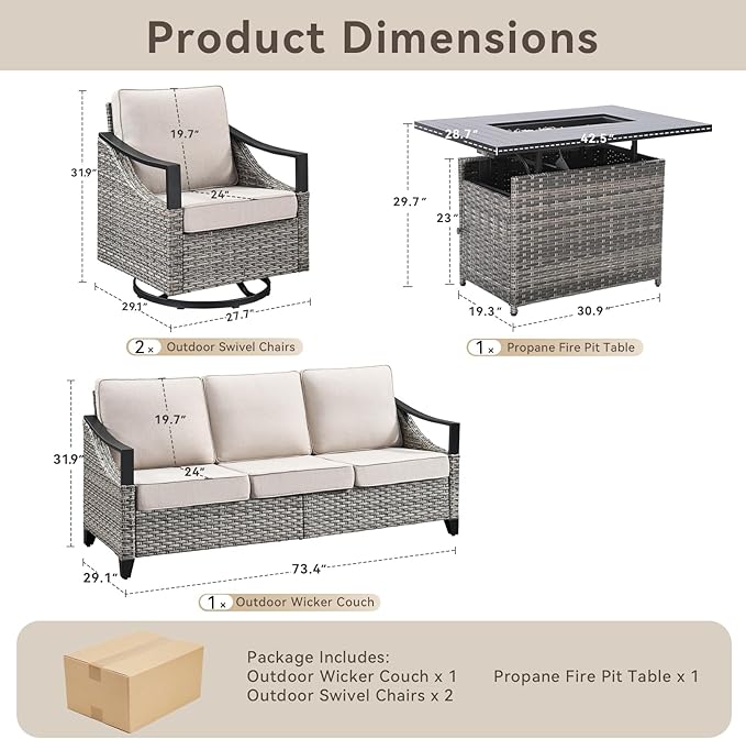 Wicker Patio Furniture Set with 42.5" Fire Pit Table-4 Pieces All Weather Wicker Outdoor Furniture with High Back Swivel Patio Chairs Set of 2 Outdoor Couch for Deck Balcony Backyard Beige/Gray