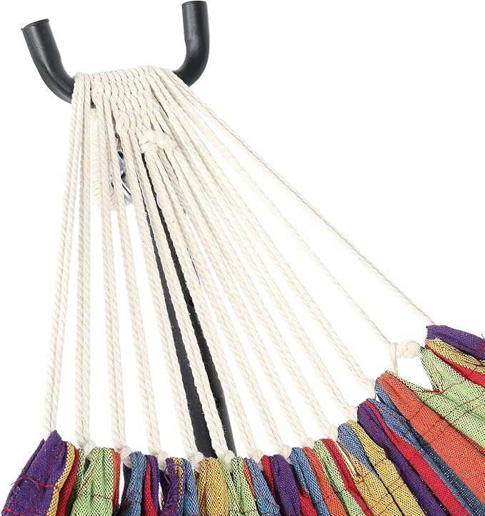 Cotton Hammock with Space Saving Steel Stand,9ft Black Steel Pipe Hammock Frame with 200 * 150cm Polyester Cotton Hammock Iron Hammock Set (Color Stripe)