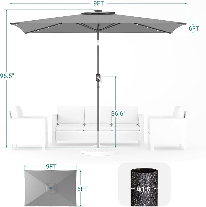 Rectangle Patio Umbrella with Solar Lights, 6x9ft Outdoor Rectangular Table Market Umbrella Patio with Push Button Tilt and Crank for Pool, Deck, Garden,Backyard