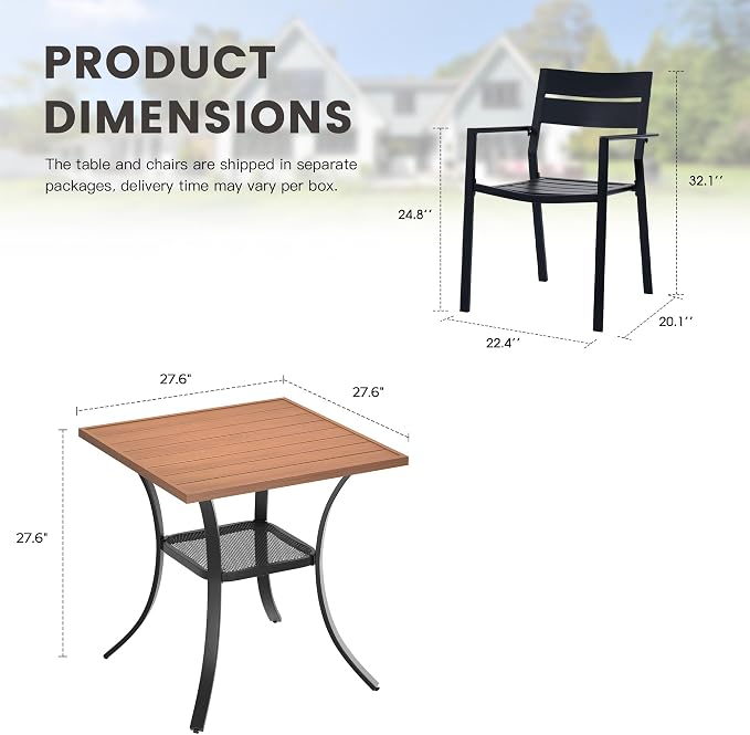 Small Patio Dining Set for 2, 27.5" Square Outdoor Dining Table and Chairs Set with Stackable Patio Chairs Outdoor Furniture for Garden Deck Backyard, Walnut Table and Black Chairs