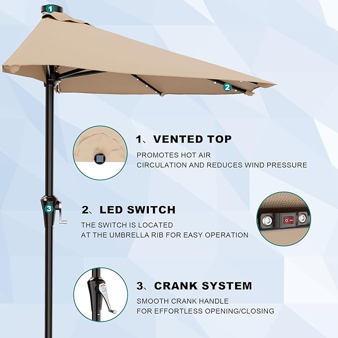 AreShark 9ft Patio Half Umbrellas with Solar Lights, 1/2 LED Half Outdoor Umbrella w/ 20 LED Lights, Lighted Table Wall Umbrella with Crank & 5 Sturdy Ribs for Market, Pool, Deck, Lawn and Garden, Beige