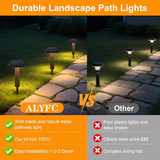 Low Voltage Landscape Lighting Kit: 8-Pack All-in-One-Set Easy Setup - Dusk to Dawn Auto On/Off &Timer - 3W Outdoor Waterproof Metal Pathway Lights for Garden Yard Walkway Driveway