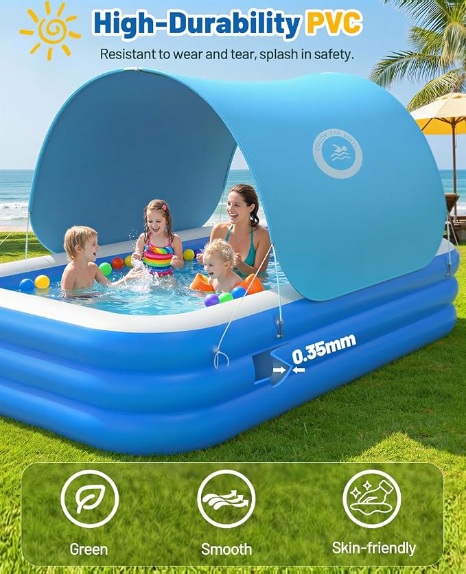 HeySplash Inflatable Pool with Canopy, Large Inflatable Swimming Pool for Adults & Kids, Blow Up Pool Thickened Family Pool for Outdoor Backyard Garden Party Summer Fun, 118" x 69" x 24"(Blue)