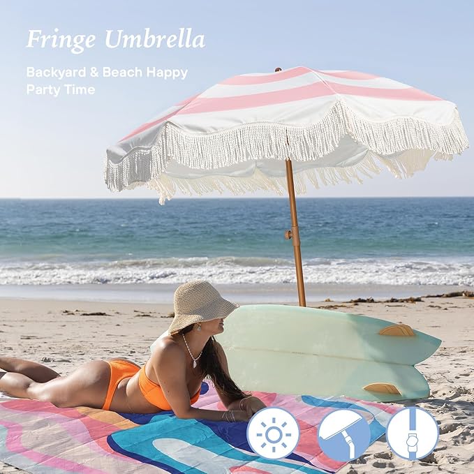 AMMSUN Boho Fringe Umbrella with Outdoor Blanket, 6.5ft UPF50+ Picnic Umbrella with Tassels with Steel Pole & Push Button Tilt, Pink Stripes