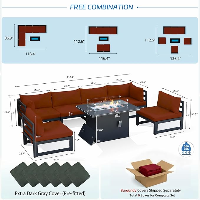 NICESOUL 6 Person Oversized Modular Aluminum Outdoor Furniture Set with Fire Pit Table, 29" Deep Wide Sectional Seating, 500 lbs High Weight Capacity Patio Conversation Set for Garden Deck, Burgundy