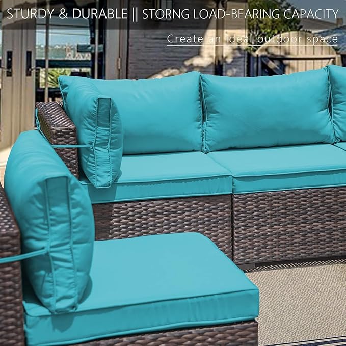 ALAULM 7 Pieces Patio Furniture Set Wicker Patio Conversation Set, Outdoor Sectional Furniture w/Coffee Table & Washable Seat Cushions-Blue