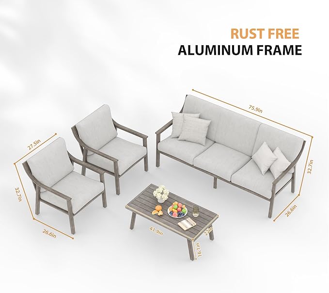 HAPPATIO 4-Piece Outdoor Patio Furniture Set for 5, Aluminum Outdoor Conversation Set Includes 1 Three-Seater Sofa, 2 Armchairs, and 1 Coffee Table, Perfect for Porch, Deck, Garden, (Grey)
